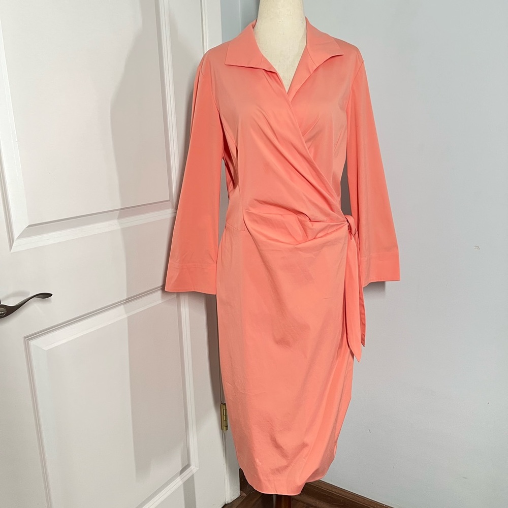 Lafayette 148 New York Reva cotton stretchy wrap shirt dress in coral - Picture 7 of 12